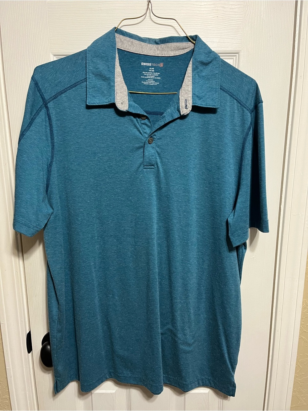 Swiss Tech Teal Blue Short-Sleeve Polo with Contrast Inner Collar